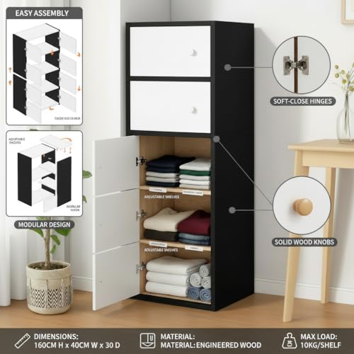 Image of EXVITO Engineered Wood Wardrobe for Bedroom | Foldable 5-Shelf Wooden Storage Cabinet | Cupboard Almirah for Clothes | Collapsible Wardrobe | Space Saving Wooden Cabinet - Black