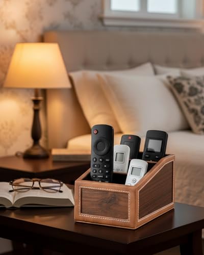 Image of Premsons Classic Remote Holder - 4 Section Tabletop Organizer in Light Brown | Faux Leather with Refined Wooden Finish | Decorative & Practical Organizer - Tan