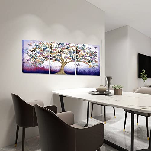 Fushvre Butterfly Wall Art Tree Of Life Canvas Paintings Prints Purple Framed Picture For Dining Room Bedroom Bathroom Decor 12"X16"X3Pcs #TOP1