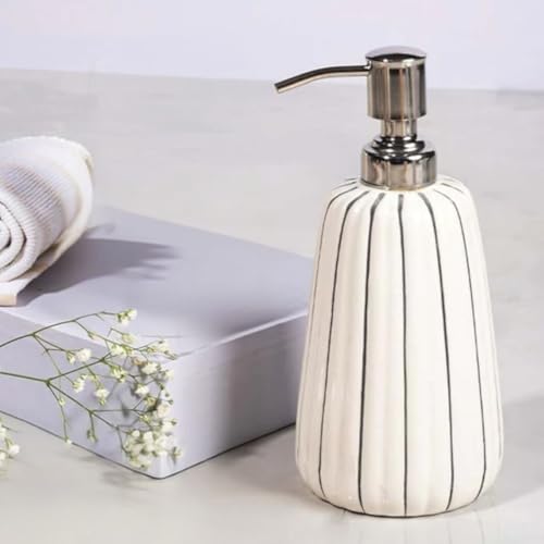 Image of Ceramic Soap Dispenser 330ml (Set of 1) | Multipurpose Liquid Soap, Lotion & Hand Wash Pump Bottle for Bathroom & Kitchen | White Stripe Design
