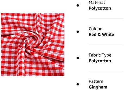 Euvoym 1m Red & White Gingham ¼ Check Fabric 60" Wide Gingham Buffalo Check Polycotton Fabric Checked Fabric Chequered Tablecloth for DIY Clothing