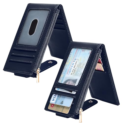 Image of Chelmon Womens Wallet Slim RFID Blocking Bifold Multi Card Case Wallet with Zipper Pocket (Navy Blue)