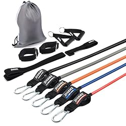 Vary colors for various strengths: The Yellow resistance band provides 0-10lbs resistance, Red is between 10-20 lb, Green is between 20-30lbs, blue is 30-40lbs & black provides 40-50lbs resistance. Total body workout: The resistance bands aren’t just...