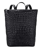 Großer Rucksack im Business-Look/ geschmeidiges Glattleder mit Krokodil-Prägung/ Hauptfach mit Reißverschluss/ gefütterter Innenraum mit Reißverschlussfach, Karabiner, zwei Steckfächern sowie Laptopfach/ Rückseite mit senkrechtem Reißverschlussfach/ verstellbare Schulterriemen/ Oberseite mit Tragegriff/ Vorderseite mit Logoprägung