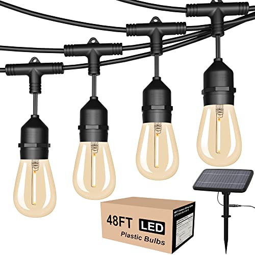 Solar String Lights Outdoor Waterproof LED Shatterproof 48FT Heavy Duty Outdoor String Lights Solar Powered with 17 Plastic Hanging S14 Edison Bulbs Solar Light Balcony Fence Patio Light String Lights
