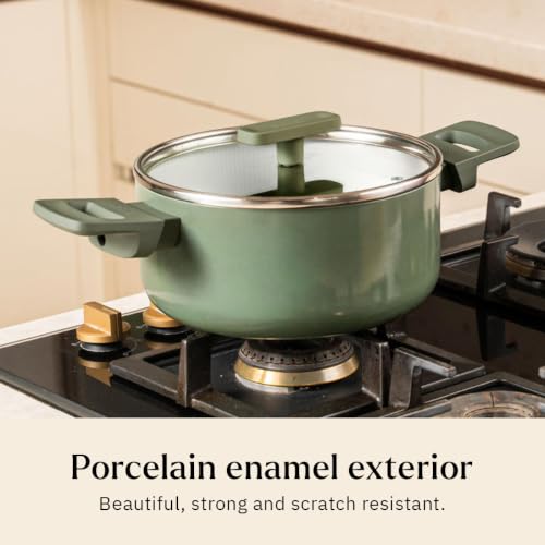 Image of Ember Cookware Arcilla Ceramic Dutch Oven 20 cm, 2.6L with Glass Lid | 75% Less Oil Usage | Lightweight, Non Toxic Pot | ISI Certified | Ceramic Cookware | Biryani Pot | PFAS & PTFE Free | Green