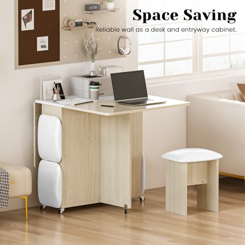 Image of furlinkhm Folding Dining Table Set for 4, Dinner Table with 4 Leather Chairs and Shelves, Space Saving Foldable Dining Table with 6 Wheels, Kitchen Table for Small Spaces (Beige)