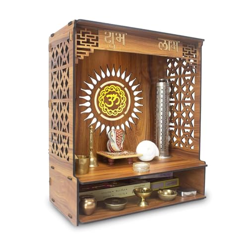 Wall Mounted Wooden Pooja Mandir for Home & Office with LED Spot Light, Big Size Temple, Pooja Stand with Door, Devghar, God Temple for Home, Pooja Shelf, Home Temple (Mandir Design 3)