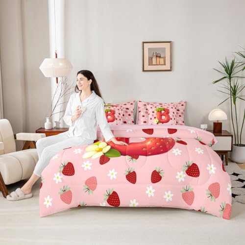 Image of Feelyou Cute Girls Strawberry Queen Comforter Set with Sheets for Kids Boys Girls Pink Red Princess Strawberry 7 Pieces Bedding Set Initial Letter B Bed in a Bag Room Decor Soft Lightweight Microfiber