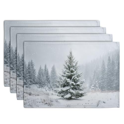 Wnoesat Winter Placemats Set of 4, 12x18 Inch Christmas Pine Tree Snowflake Linen Table Mats Seasonal Washable Farmhouse Place Mats for Kitchen Dining Xmas Holiday Party Decor