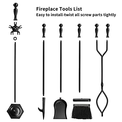 DOEWORKS Fireplace Tools Sets 5 Pieces Fire Tool Set for Indoor Fireplace and Outdoor Fire Pit (Stand, Poker, Tongs, Shovel, Brush)