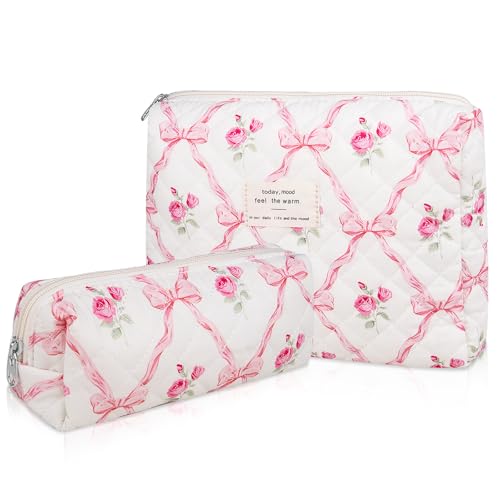 Gosect 2PC Makeup Bag Set, Cute Cosmetic Bag for Women Girls, Floral Coquette Aesthetic Toiletry Bag, Travel Make Up Organizer Bag (Pink bow)