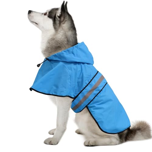 Weesiber Impermeabile per cani con cappuccio, regolabile, impermeabile, con striscia riflettente e foro per guinzaglio, leggero, per cani di taglia piccola e XL (XL, blu)