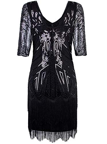 Vijiv Women's 1920s Flapper Dress V Neck Beaded Art Deco Tassel Cocktail Dresses with Sleeves