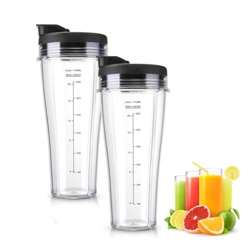 24oz Replacement Cups with Flip Top to-go Lid for Ninja Blender - 2pack Blender Replacement Parts Compatible with Ninja Blender NC300UK BN750UK BN800UK BN495UK CB350UK CB150UK CB100UK, Hushtong