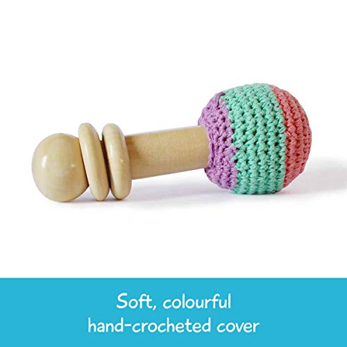 Shumee Wooden Crochet Shaker Rattle & Teething Toy for Infants, Babies (6 Months+) - Organic, Natural, Grasping, Clutching Montessori Shake Toy - Polished with Beeswax (Pastel Colors) - Thumbnail 7