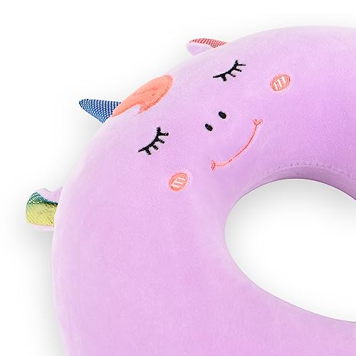 Image of Sexysamba Cartoon Headrest & Neck Pillow for Kids Boys & Girls, Teens, Travel Accessories for Airplane, Car, Recline, Memory Foam Cute Travel Pillow with Sleep Eye Mask - Purple Unicorn