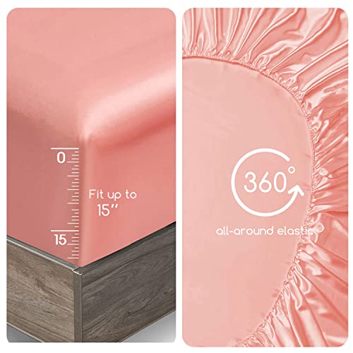 Image of MR&HM Satin Bed Sheets, Twin Size Sheets Set, 3 Pcs Silky Bedding Set with 15 Inches Deep Pocket for Mattress(Twin, Blush)