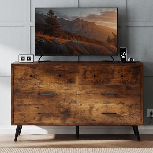 YITAHOME Dresser TV Stand for 55 Inch TV/6 Drawer Dresser Entertainment Center/Console Table with Black Metal Handles & Anti-Tipping Device for Living Room/Bedroom - Dark Rustic Oak