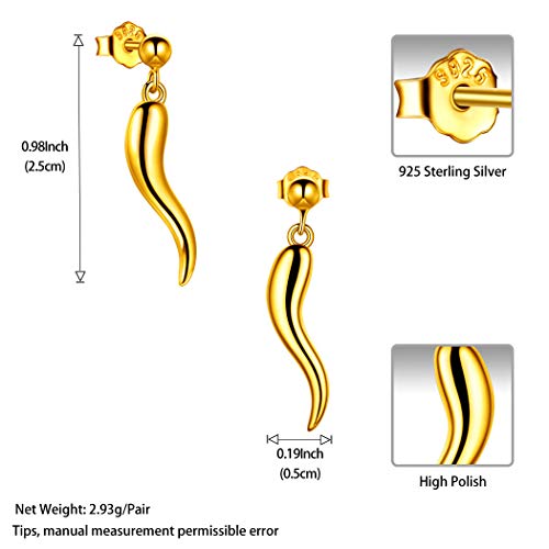 Italian Horn Earrings Stud For Men Womens Genuine Silver With 18K Gold Plated Italian Horn Dangle Drop Earrings Lucky Italian Jewelry Gift For Christmas Valentine Day Boys Hip Hop Jewelry Fe0080Y #TOP6