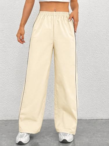 Image of Women Casual Loose Fit Track Pants High Waist Elastic Waistband Straight Wide Leg Trousers with Side Piping, Gym Yoga Running Athletic Sweatpants Comfortable