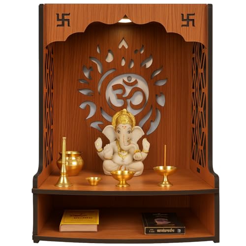 Image of UPYOG Wooden Pooja Stand for Home | Wall Mounted Temple Mandir with LED Spot Light | Compact Puja Mandir for Home & Office (15.5 x 11.5 x 11 Inch)