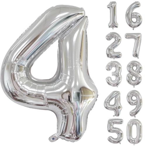 40 inch Silver Number Balloon Giant Foil Helium Balloons Silver Number 4 Balloon for 4th Birthday Party Anniversary Decorations Supplies