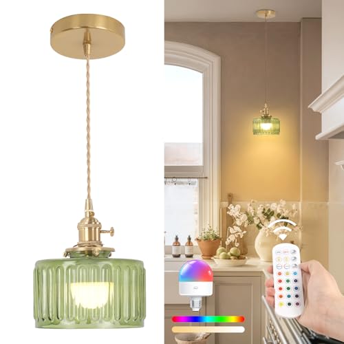 Image of Shenmoyl Battery Operated Pendant Light 5000mAh Rechargeable Chandelier with Remote Control Wireless Adjustable Hanging Green Striped Light for Kitchen Island Dining Room Hallway