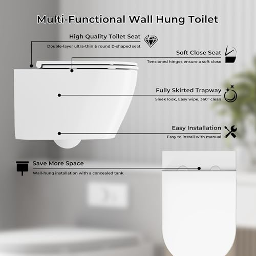 Inodoro cerámico de pared con tapa PP - diseño moderno, ahorra espacio, compacto, tapa con cierre suave, baño miniatura 7