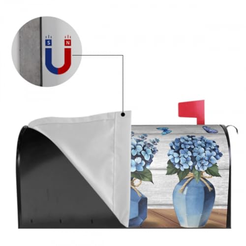 Image of Hydrangea Flowers Mailbox Cover Magnetic, Spring Summer Vintage Blue Floral Vases Mailbox Wrap 21x18Inch, Standard Size Waterproof Letter Post Cover for Yard Garden Outdoor Outside Decor