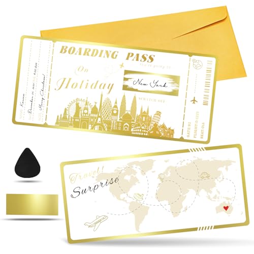 Teyomi Boarding Pass Gift Ticket, Golden Flight Ticket Scratch-off Card with Envelope, Unique Plane Ticket Gift, Scratch & Reveal Surprise Airplane ticket for Vacation, Trip, Birthday, Girlfriends
