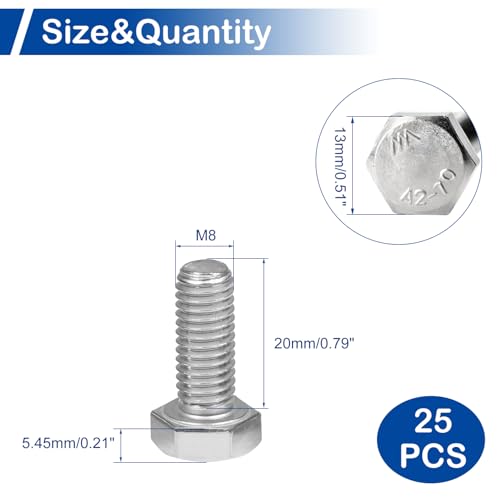 Image of MroMax 25Pcs M8-1.25 Hex Bolts, M8 x 20mm Hex Head Screws Bolts | 304 Stainless Steel 18-8, Fully Threaded, External Hex Drive, for Medium Panel Fixing and Equipment Guard Installation