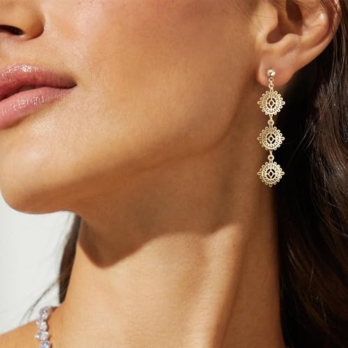 LLWOM Gold Drop Earrings - 14K Gold Plated Flower Long Dangle Earrings for Women, Boho Hollow Floral Earring Studs, Hypoallergenic Wedding Jewelry Gift for Her by LLWOM - Image 2