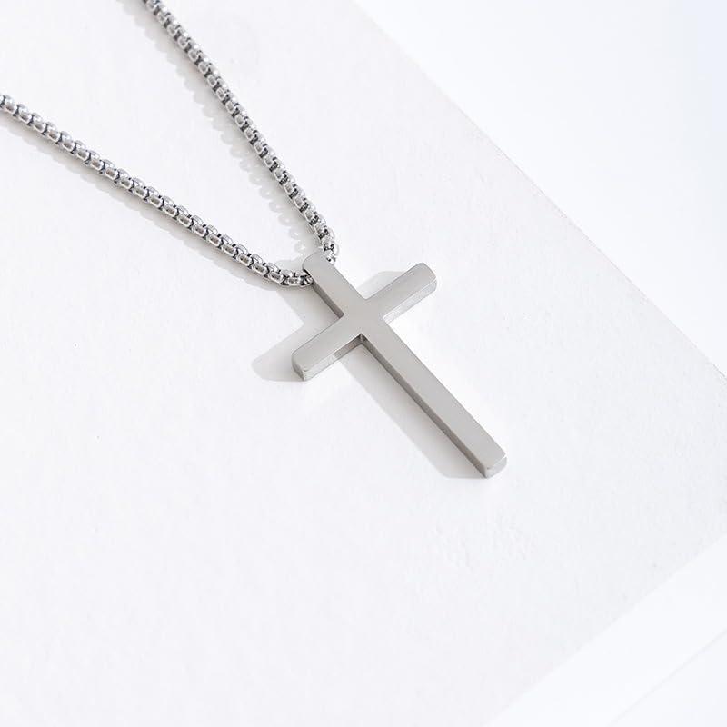 Cross Necklace for Men-Modern Religious Gift，Silver Black Gold Stainless Steel Plain Cross Pendant Necklace for Men Box Chain - Image 7