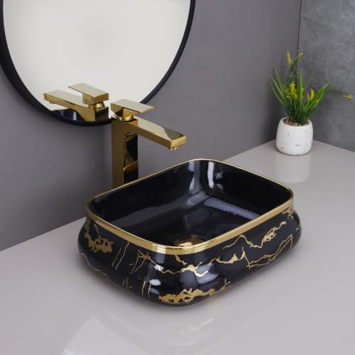 Image of HARDSTONE Black & Gold Ceramic Wash Basin Sink 18x13x5 Inches