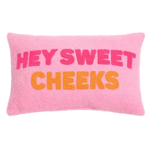 OHS Back Support Scatter Cushions Hey Sweet Cheeks Slogan Novelty Cushions Boucle Throw Pillow for Sofa Bed Christmas Pillow Cute Room Decor Cuddle Cushion, Pink/Orange - 30 x 50cm