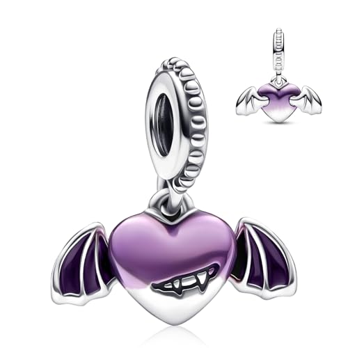 Amieween S925 Halloween Bat Charms for Pandora Bracelets and Necklaces,Purple Devil Heart Charms with Bat Wing, Jewelry Gifts for Women, Christmas Easter Day Birthday Mother's Day Valentine's Day