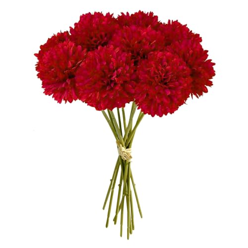 JOZMMZEOOA Hortensias Artificiales 12 Piezas Flores Artificiales Decoracion Seda Flores Plantas Artificiale Crisantemos de Seda Simulación Bola Decorativas,para Bodas Hogar Hotel Decoración (Rojo)