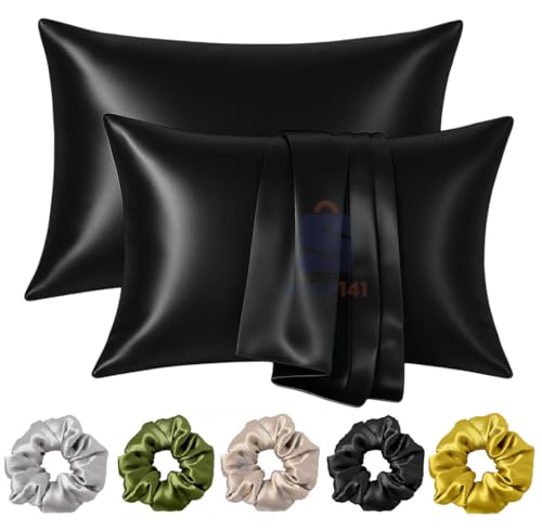 Image of Satin Pillow Covers for Hair and Skin Set of 2 with 5 Scrunchies I Satin Pillow case I Silk Pillow Cover I Silk Pillow case I Women Gift Items (Black)