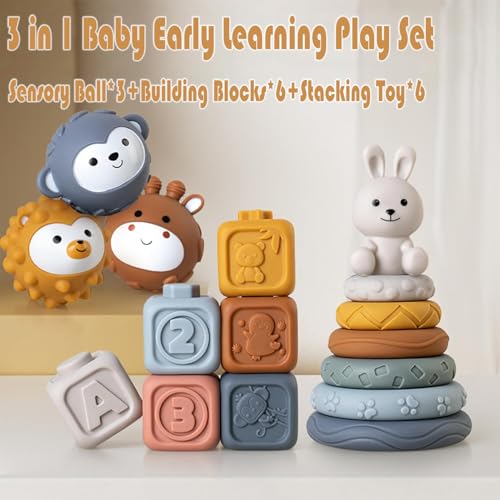 3 in 1 Baby Sensory Toys Bundle,Soft Stacking Building Blocks,Ring & Sensory Balls for Newborn to 18 Months| Soft Textured Design,Perfect for Sensory Development, Fine motor skill Toys(Family Edition) - Image 9