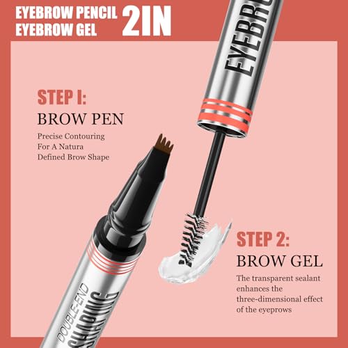 Microblading Eyebrow Pen - 2-in-1 Dual-Ended Eyebrow Pen with 4-Fork-Tip & Eyebrow Brush and Sealing Brow Gel, Creates Natural Looking Brows Effortlessly (Light Brown)