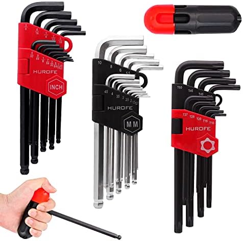 HUROFE Hex Key Allen Wrench Set with Ball End，35-Piece Inch（3/64”-3/8”），Metric（1.27mm-10mm），Torx（T10-T50），Long Arm with T-Handle，Chrome Vanadium Steel
