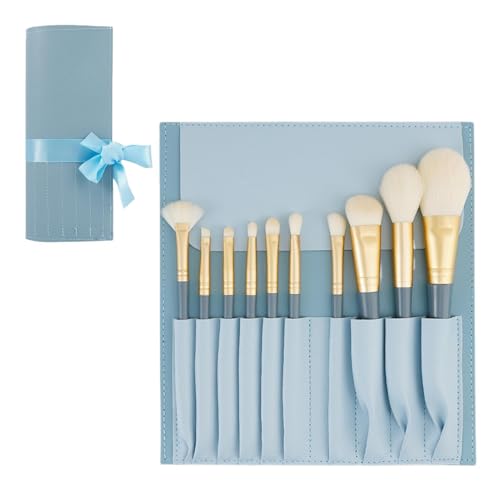 Juego de 10 brochas de maquillaje azules con funda de transporte, cerdas suaves, mango de madera, para base, colorete, corrector, sombreado, sombra de ojos, juego de brochas de maquillaje