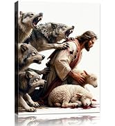Jesus Protected Lamb Canvas Wall Art Jesus Saves the Lost Sheep Christian Picture Wall Decor Shep...