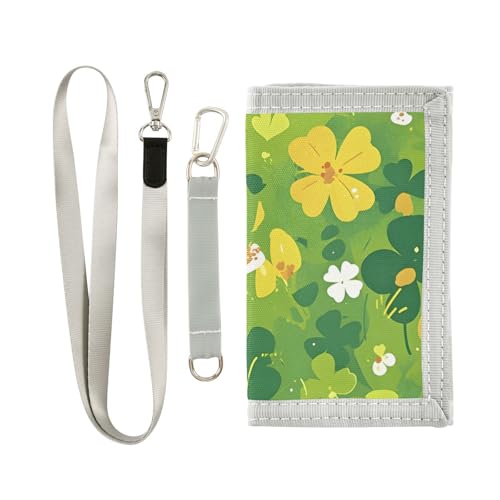 Green Clover Durable Nylon Fabric Wallet for Boys and Girls - Multi-Functional with 2 Clear Pockets, Zipper Coin Compartment, 3 Card Slots & Keyring