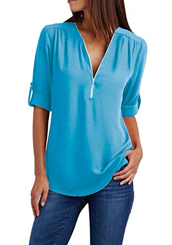 OMZIN Zip-up Chiffon Shirts for Women Oversized Loose Blouse Shirts Sky Blue M