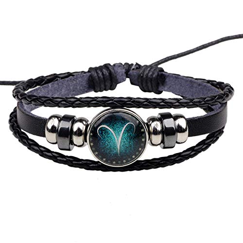 GROPC Pulsera Constelaciones,12 Constelación del Zodiaco Aries Personalizado De Cuero Negro Hecho A Mano Trenzado Múltiples Capas Pulsera De Moda Punk para Hombres Mujeres Regalo De Pareja De Navidad Cover