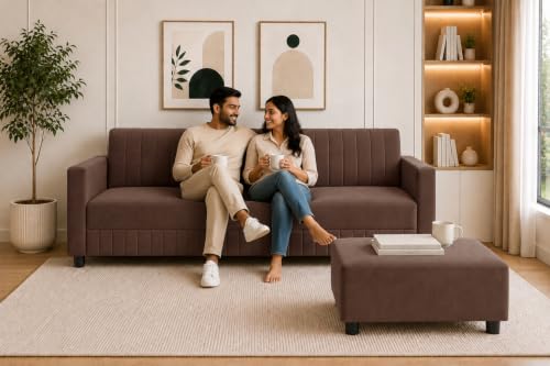 Image of Modern 3-Seater Velvet Sofa with Ottoman | Vertical Channel Tufted Backrest | Plush Cushioned Seating | Stylish Contemporary Sofa for Living Room, Bedroom & Office | Brown