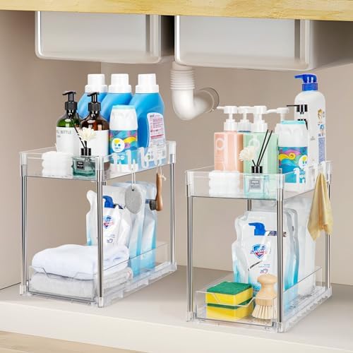 Peyiuun 2 Pack Under Sink Storage Kitchen Organiser,2 Tier Sliding