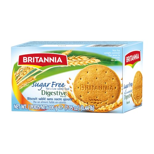 BRITANNIA Digestive Sugar Free Biscuits 7.05oz (200g) - Whole Wheat Flavor Cookies - Breakfast & Tea Time Healthy Snacks (Pack of 1)